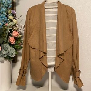 Womens Camel Cloth Draped Open Front Jacket